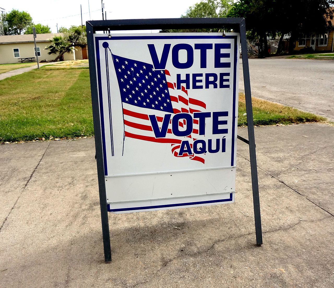 A Vote Here sign outside a Texas polling place