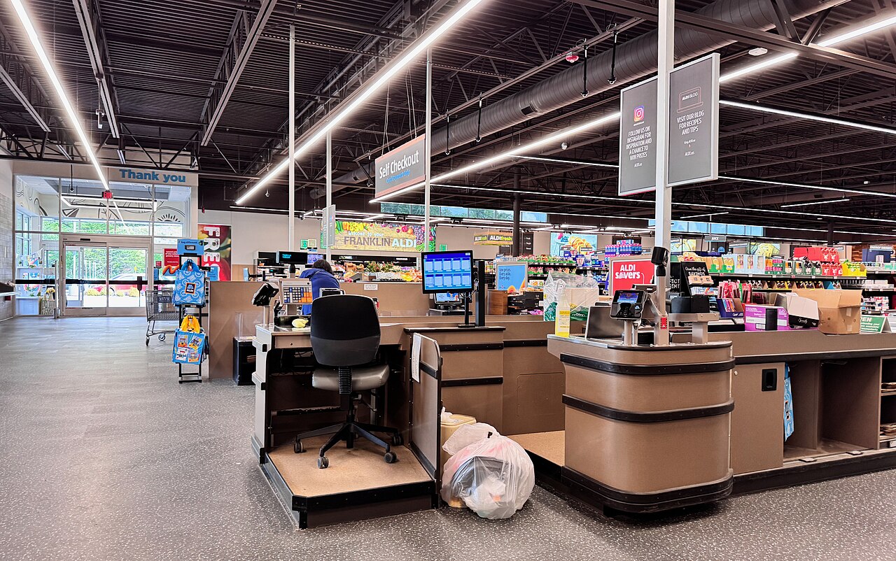 A supermarket checkout lane